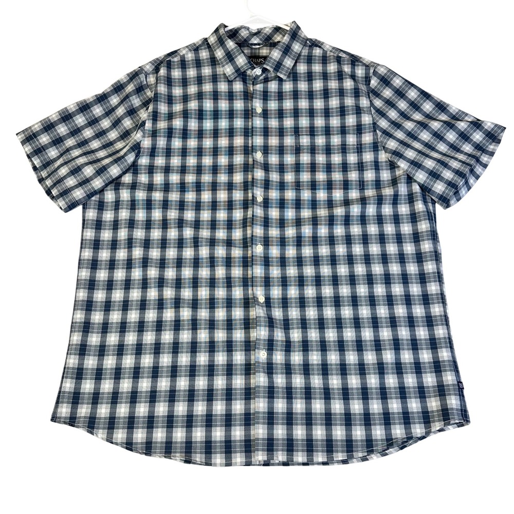 Chaps Mens XXL Short Sleeve Button Down Shirt Navy Blue White Plaid Check Pocket